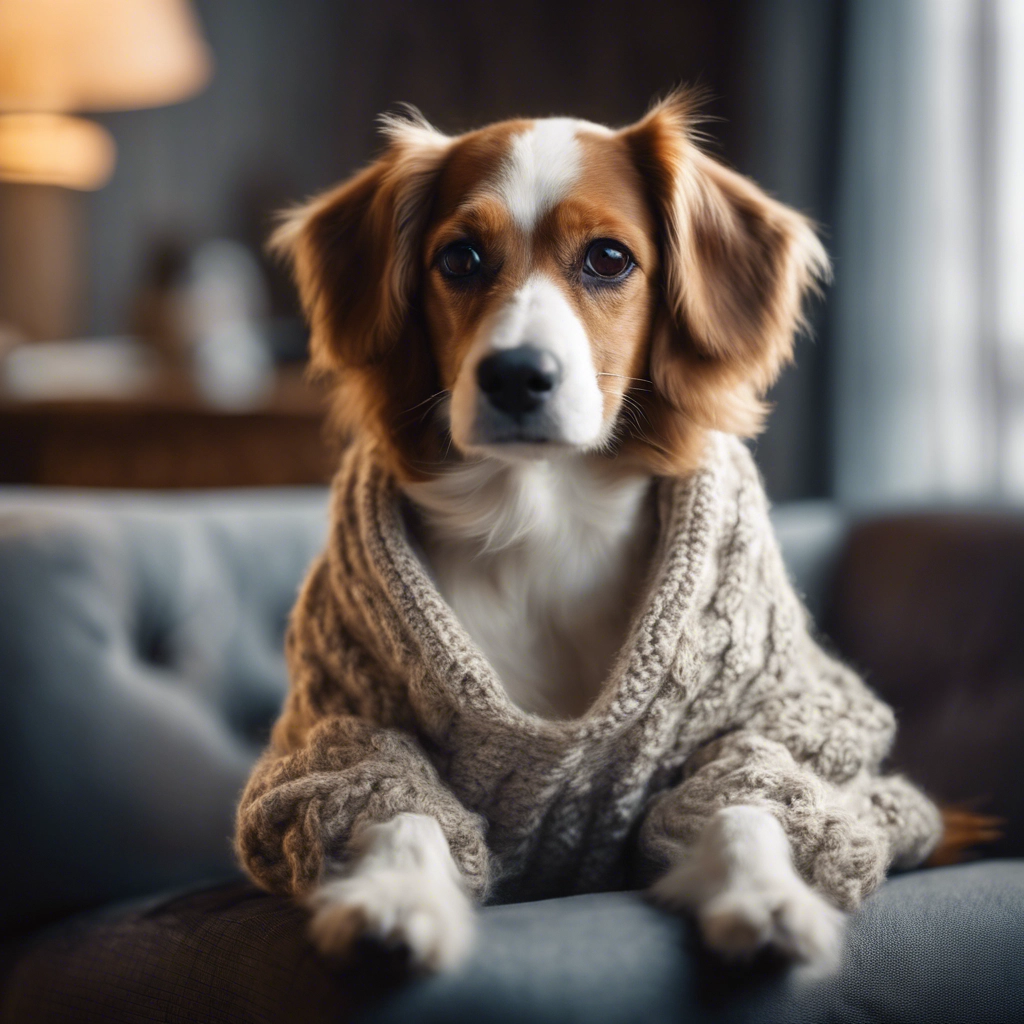 a portrait shot of a cute dog wearing a cozy sweater, sitting on a comfy chair.